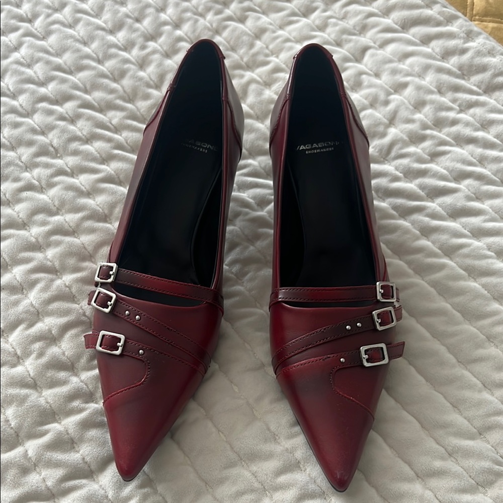 Red Kitten Heel Pumps with Straps